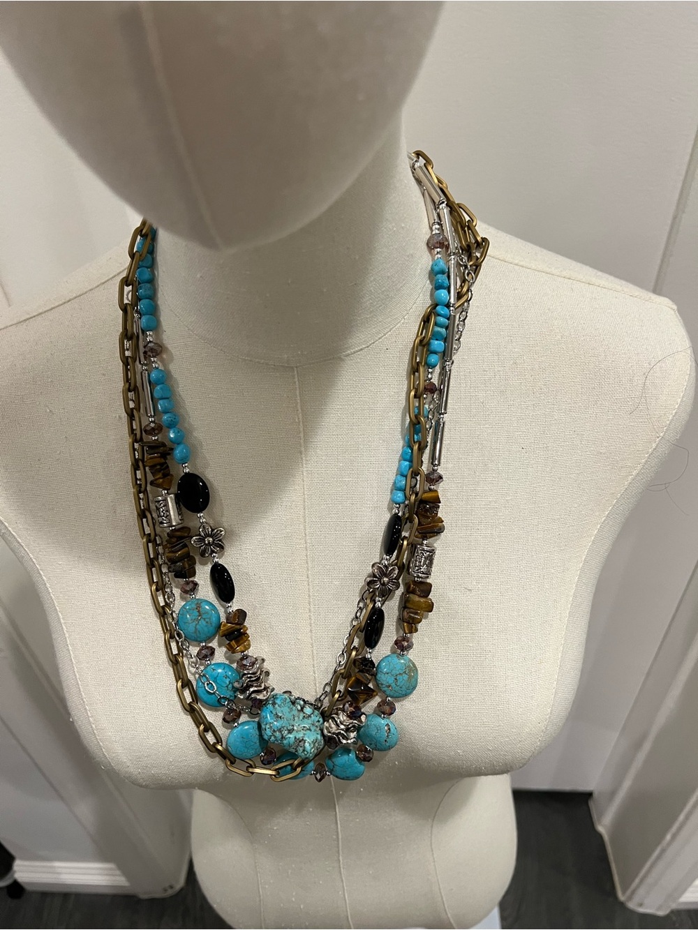 Multi-Strand Turquoise and Mixed Metal Statement Necklace